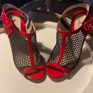 Brian Atwood Red and Black Slingback Heels